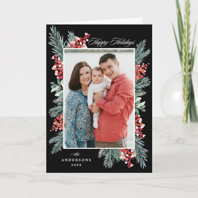 Holly and Evergreen Happy Holidays 2 Photo Holiday Card (Front)
