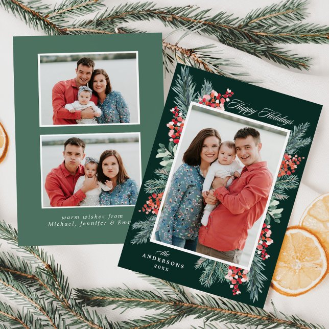 Holly and Evergreen Happy Holidays 3 Photo Holiday Card (Creator Uploaded)