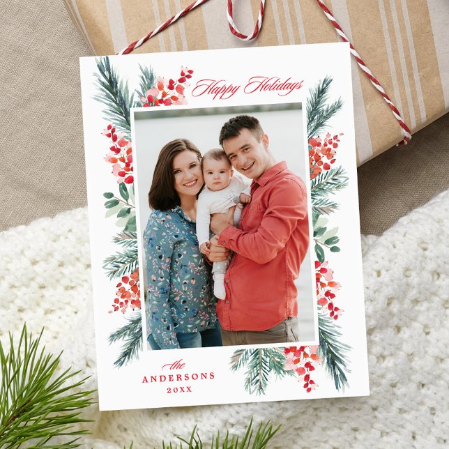 Holly and Evergreen Happy Holidays Photo Holiday Postcard (Creator Uploaded)