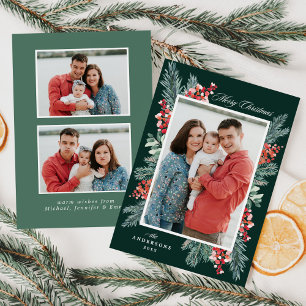 Holly and Evergreen Merry Christmas 3 Photo Holiday Card