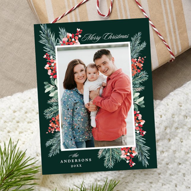 Holly and Evergreen Merry Christmas Photo Holiday Postcard (Creator Uploaded)