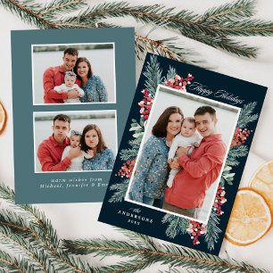 Holly and Evergreen Navy Happy Holidays 3 Photo Holiday Card