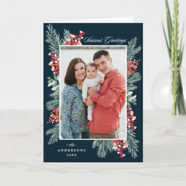 Holly and Evergreen Season's Greetings 2 Photo Holiday Card (Front)