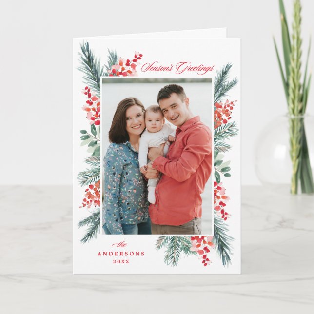 Holly and Evergreen Season's Greetings 2 Photo Holiday Card (Front)