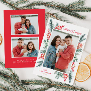 Holly and Evergreen Season's Greetings 3 Photo Holiday Card