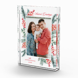 Holly and Evergreen Season's Greetings Holiday Photo Block