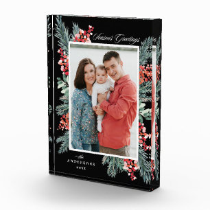 Holly and Evergreen Season's Greetings Holiday Photo Block