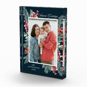 Holly and Evergreen Season's Greetings Holiday Photo Block