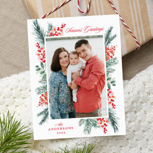Holly and Evergreen Season's Greetings Photo Holiday Postcard