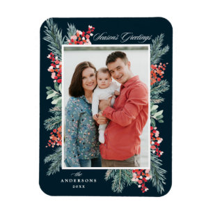 Holly and Evergreen Season's Greetings Photo Magnet