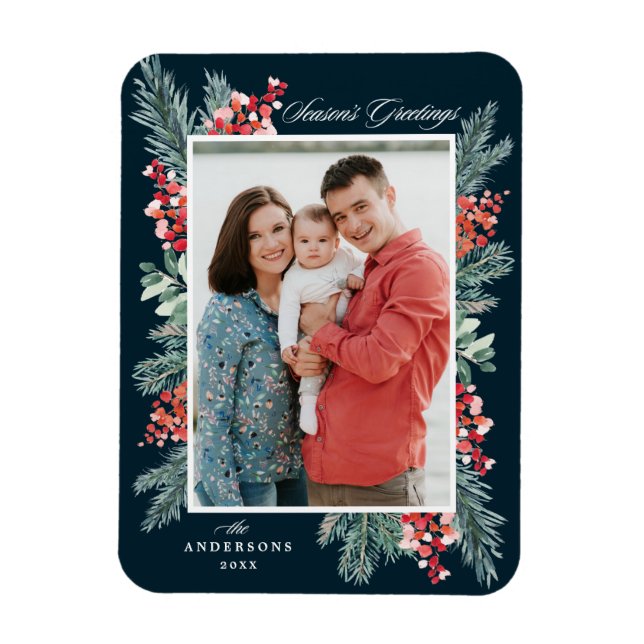 Holly and Evergreen Season's Greetings Photo Magnet (Vertical)