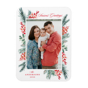 Holly and Evergreen Season's Greetings Photo Magnet