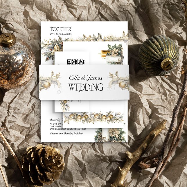 Holly and Gold Ornaments Christmas Wedding Invitation Belly Band (Invitation Belly Bands from the Holly Bells Wedding Collection by Darling & May)