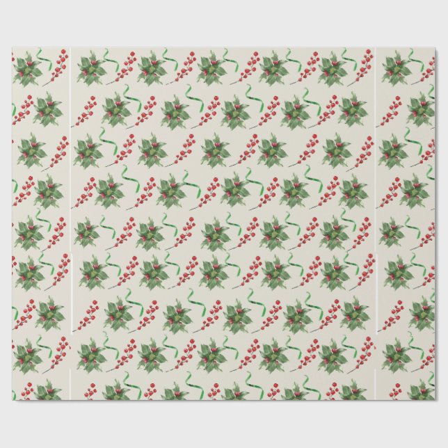 Holly and Green Ribbon Wrapping Paper (Flat)