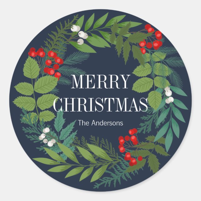 Holly And Greenery Merry Christmas Holiday Classic Round Sticker (Front)