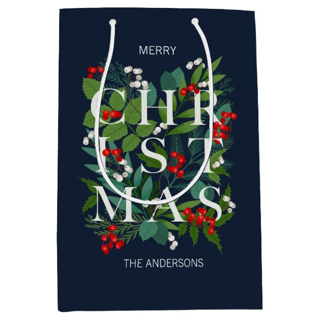 Holly And Greenery Merry Christmas Holiday Medium Gift Bag (Front)