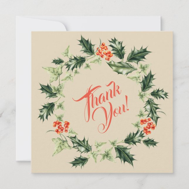Holly and Ivy Botanical Christmas Wreath Thank You Card (Front)