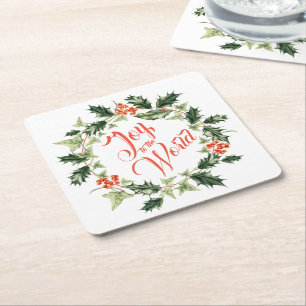 Holly and Ivy Botanical Wreath Square Paper Coaster