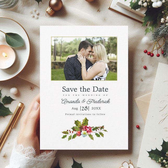Holly and Ivy Christmas Wedding Photo Save The Date (Holly and Ivy Christmas Wedding Photo Save The Date)