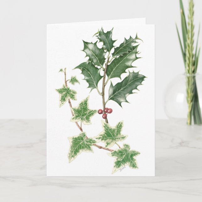 Holly and Ivy Sprigs in Botanical Christmas Card (Front)