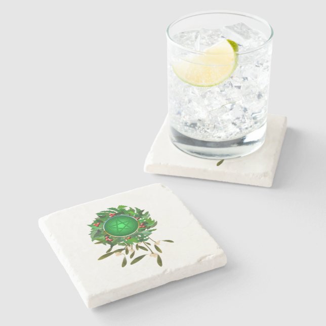 Holly and Mistletoe Pentacle Wreath Stone Coaster (Side)