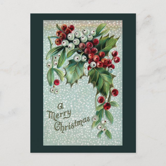 Holly and Mistletoe Vintage Christmas Holiday Postcard (Front)