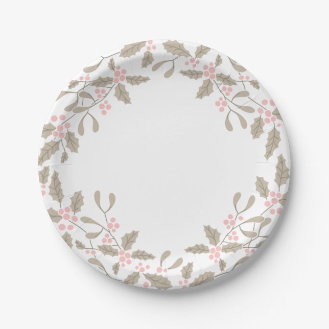 Holly and Mistletoe Wreath Paper Plate blush pink (Front)