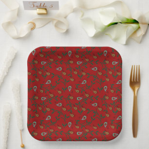 Holly and Paisley Holiday Red Paper Plate