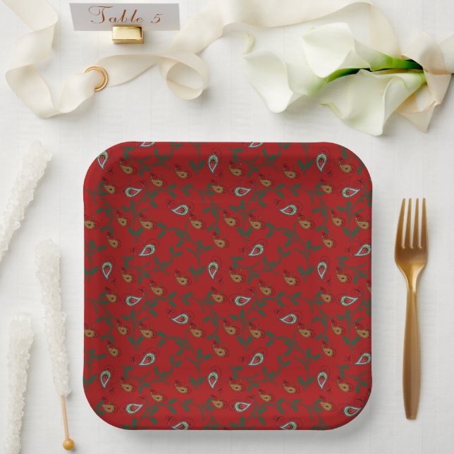 Holly and Paisley Holiday Red Paper Plate (Wedding)