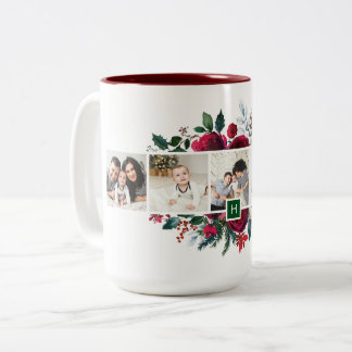 Holly and Pine 5 Photo Collage Monogram Christmas Two-Tone Coffee Mug