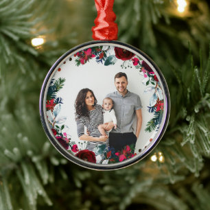 Holly and Pine Christmas Wreath Personalised Photo Metal Tree Decoration