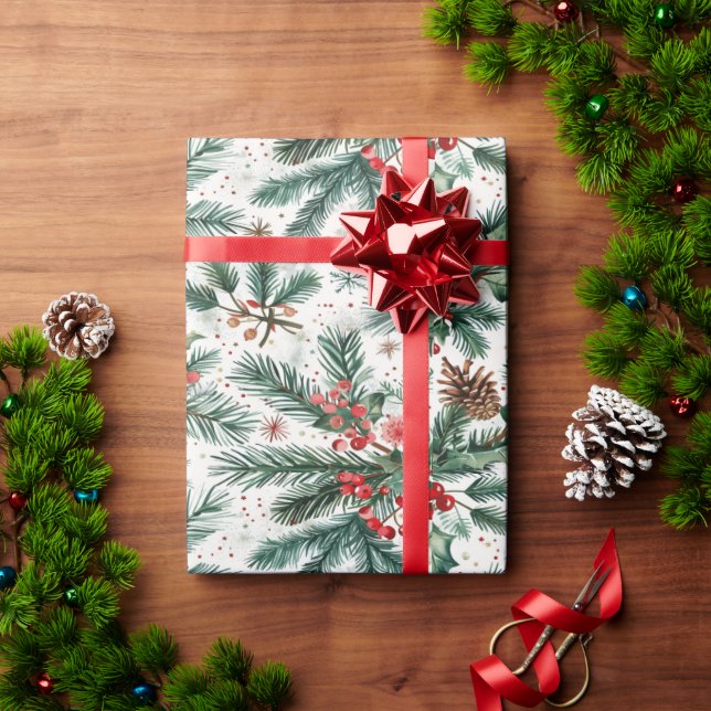 Holly and pine festive wrapping paper (Holiday Gift)
