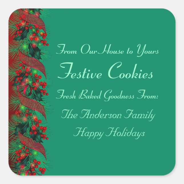 Holly and Pine Holiday Food Square Sticker (Front)