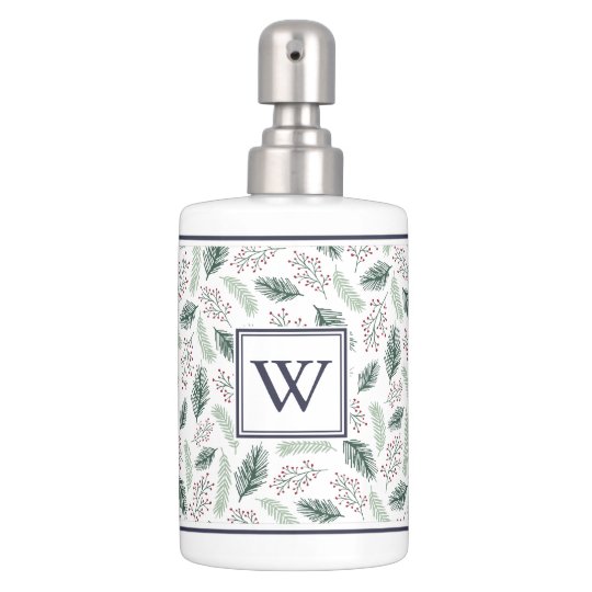 Holly and Pine Holiday Monogram Soap Dispenser And Toothbrush Holder