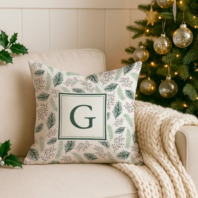 Holly and Pine Monogram Holiday Cushion (Creator Uploaded)