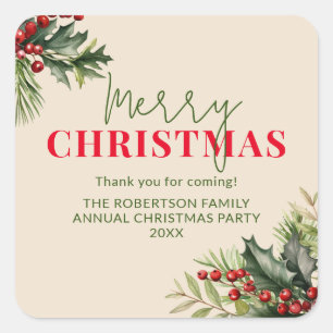 Holly and Pine on Beige Christmas Party Favours Square Sticker