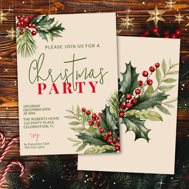 Holly and Pine on Beige Christmas Party Invitation (Creator Uploaded)