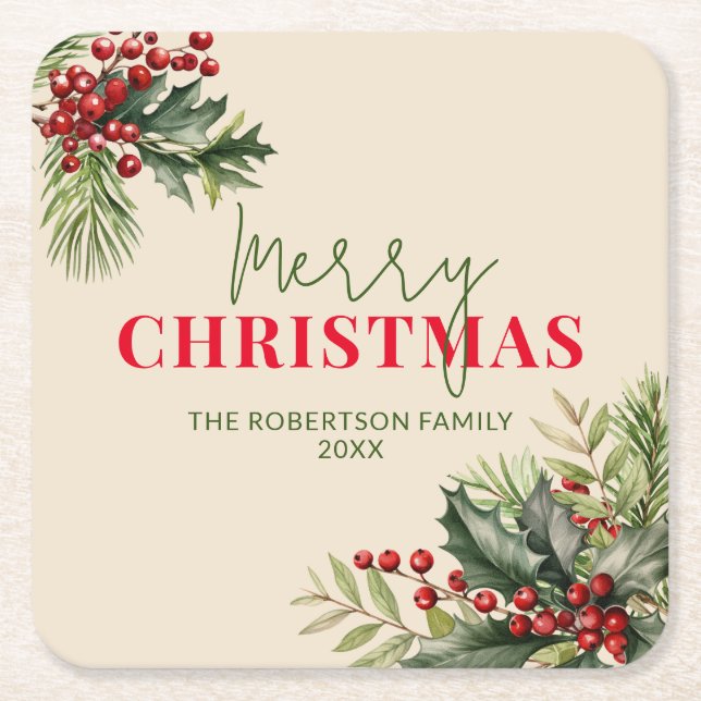 Holly and Pine on Beige Christmas Party Square Paper Coaster (Front)