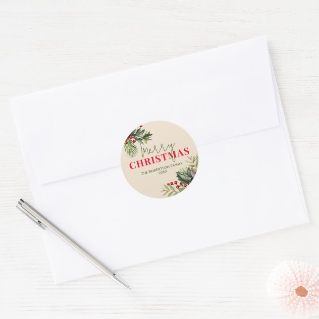 Holly and Pine on Beige Christmas Seal (Envelope)