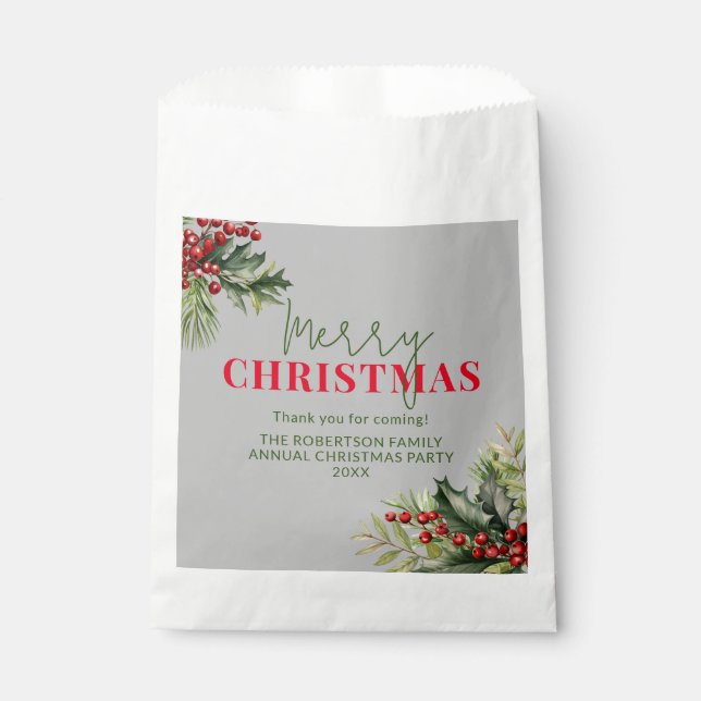 Holly and Pine on Grey Christmas Party Favours Favour Bags (Front)