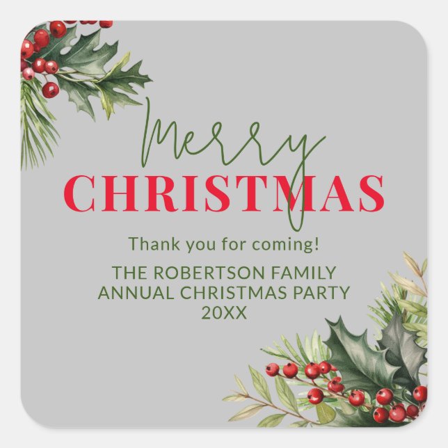 Holly and Pine on Grey Christmas Party Favours Square Sticker (Front)