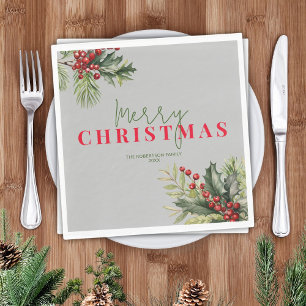Holly and Pine on Grey Christmas Party Napkin