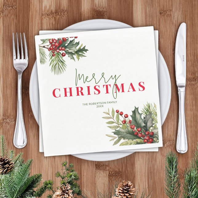 Holly and Pine on White Christmas Party Napkin (Creator Uploaded)