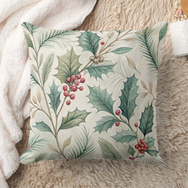 Holly and Pine Pattern - Christmas Botanical Cushion (Blanket)