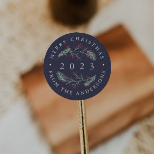 Holly and Pine Personalised Merry Christmas Classic Round Sticker