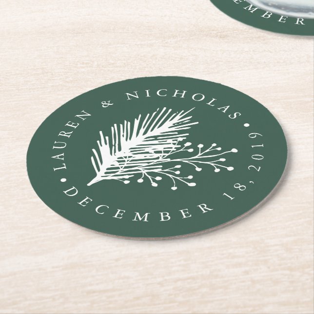 Holly and Pine Personalised Wedding Round Paper Coaster (Angled)