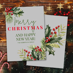 Holly and Pine Red Berries Grey Christmas Card