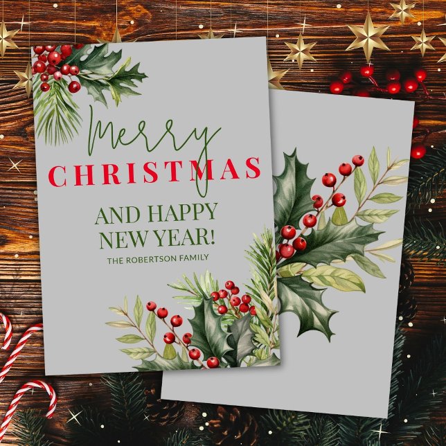 Holly and Pine Red Berries Grey Christmas Card (Creator Uploaded)