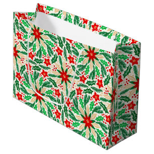 Holly and Poinsettia Botanical Holiday Pattern Large Gift Bag