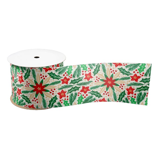 Holly and Poinsettia Botanical Holiday Pattern  Satin Ribbon (Spool)